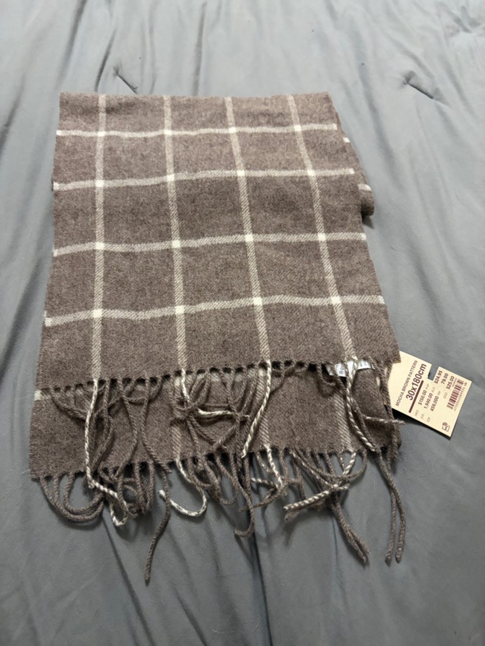 Muji Plaid Fringe Scarf in Taupe and Cream. Wool Cloth ( brand new)